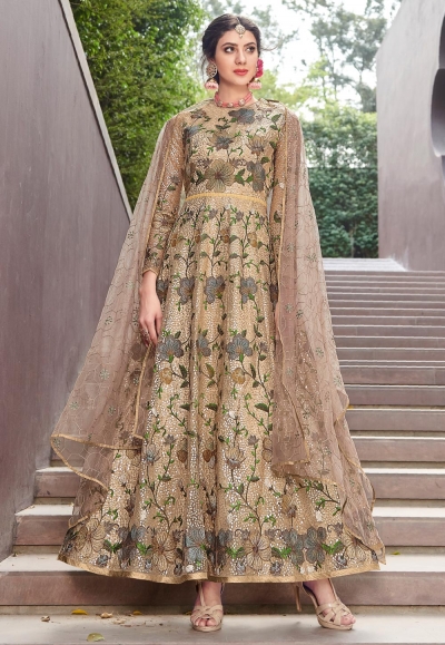 Golden net embroidered ankle length anarkali suit  1644